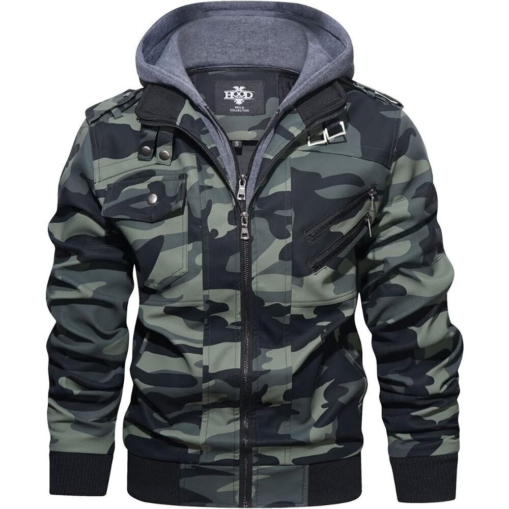 Mens Green HOOD CREW Faux Leather Motorcycle Bomber Jacket Removable Hood
